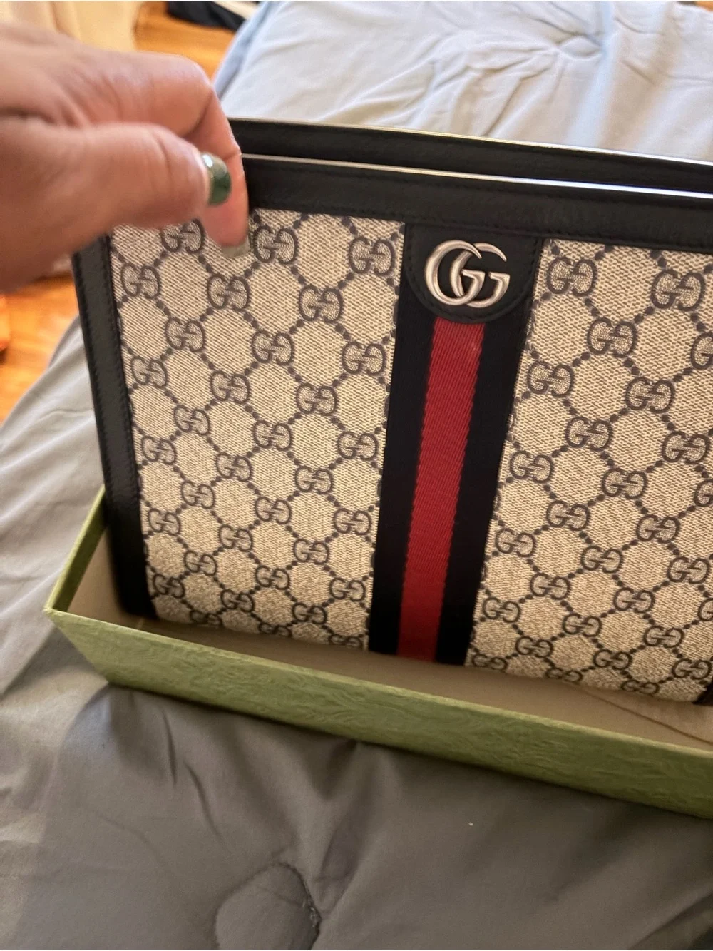 Gucci Beige GG Canvas Toiletry Pouch with Navy Trim and Red Stripe
